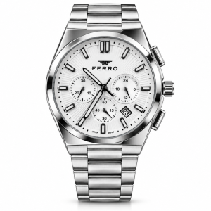 Ferro White Dial Multifunction Watch with Date Display and Silver-Tone Metal Bracelet MS Department Store Oman