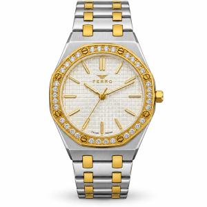 Ferro Two-Tone Watch with Textured White Dial, Crystal-Accent Bezel and Metal Bracelet MS Department Store Oman