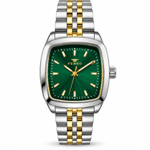Ferro Green Dial Square Watch with Two-Tone Silver and Gold Bracelet MS Department Store Oman