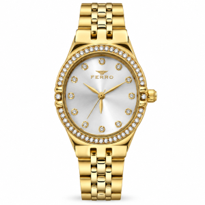 Ferro White Oval Dial Watch with Crystal-Accent Bezel and Gold-Tone Metal Bracelet MS Department Store Oman