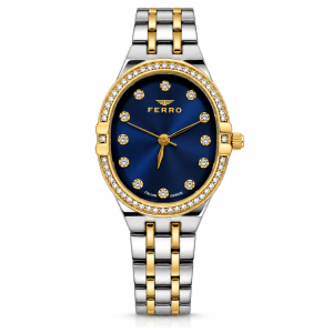 Ferro Blue Oval Dial Watch with Crystal-Accent Bezel and Two-Tone Metal Bracelet MS Department Store Oman