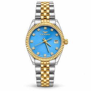 Ferro Blue Dial Watch with Crystal-Accent Markers, Date Display and Two-Tone Bracelet MS Department Store Oman