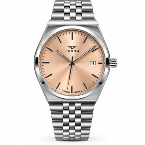 Ferro Rose Gold Dial Watch with Date Display and Silver-Tone Metal Bracelet MS Department Store Oman