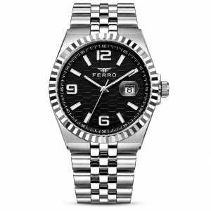 Ferro Black Textured Dial Date Watch with Silver-Tone Metal Bracelet MS Department Store Oman