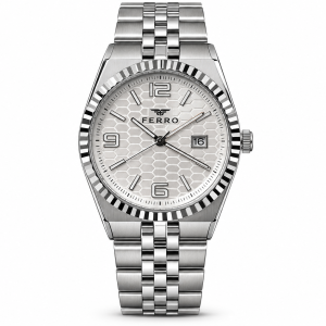 Ferro Men’s Silver-Tone Stainless Steel Watch with White Honeycomb Dial and Date Display