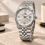 Ferro Men’s Silver-Tone Stainless Steel Watch with White Honeycomb Dial and Date Display
