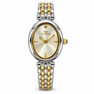Ferro Oval Champagne Dial Watch with Crystal Accent and Two-Tone Metal Bracelet MS Department Store Oman
