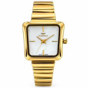 Ferro Women’s Gold Square Bracelet Watch with White Dial – Elegant Stainless Steel Wrist Watch MS Department Store Oman