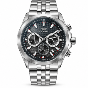 Ferro Black Textured Dial Chronograph Watch with Silver-Tone Metal Bracelet MS Department Store Oman
