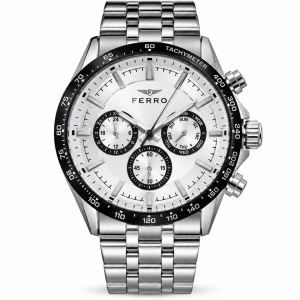 Ferro White Dial Multifunction Watch with Black Tachymeter Bezel and Silver-Tone Metal Bracelet MS Department Store Oman