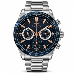 Ferro Navy Blue Dial Multifunction Watch with Rose Gold-Tone Accents and Silver-Tone Metal Bracelet MS Department Store Oman