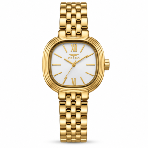 Ferro Gold-Tone Square Watch with White Dial and Metal Bracelet MS Department Store Oman
