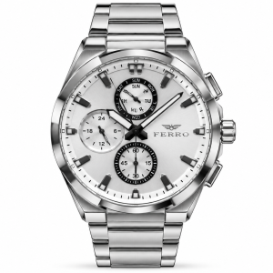 Ferro Silver-Tone Multifunction Watch with White Dial and Metal Bracelet MS Department Store Oman
