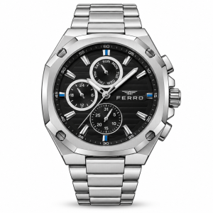 Ferro Black Dial Multifunction Watch with Silver-Tone Metal Bracelet MS Department Store Oman