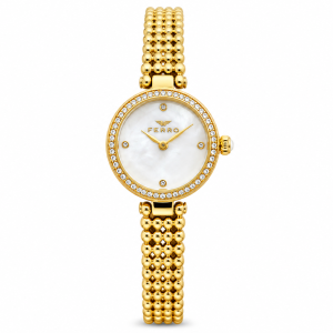 Ferro Men’s Gold Crystal Bezel Bracelet Watch – Mother of Pearl Dial, Elegant Luxury Wristwatch MS Department Store Oman
