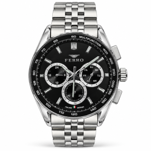 Ferro Men’s Multifunction Stainless Steel Watch – Black Dial Chronograph Style Wristwatch MS Department Store Oman