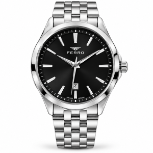 Ferro Black Dial Watch with Date Display and Silver-Tone Metal Bracelet MS Department Store Oman