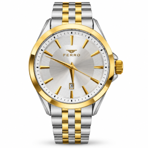 Ferro Silver Dial Watch with Gold-Tone Bezel, Date Display and Two-Tone Metal Bracelet MS Department Store Oman