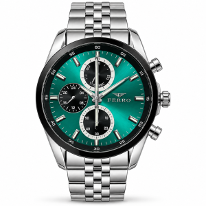 Ferro Teal Dial Chronograph Watch with Black Bezel and Silver-Tone Metal Bracelet MS Department Store Oman