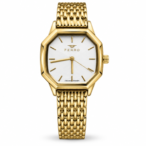Ferro White Dial Octagonal Watch with Gold-Tone Metal Bracelet MS Department Store Oman