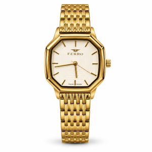 Ferro Women’s White Dial Gold-Tone Octagonal Stainless Steel Watch