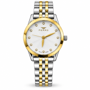 Ferro White Dial Watch with Crystal Hour Markers, Gold-Tone Bezel and Two-Tone Metal Bracelet MS Department Store Oman