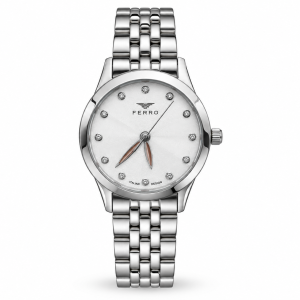 Ferro White Dial Watch with Crystal Hour Markers and Silver-Tone Metal Bracelet MS Department Store Oman