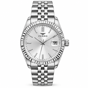Ferro Silver Dial Watch with Fluted Bezel, Date Display and Silver-Tone Metal Bracelet MS Department Store Oman