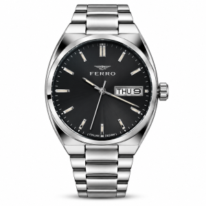 Ferro Black Dial Day-Date Watch with Silver-Tone Metal Bracelet MS Department Store Oman