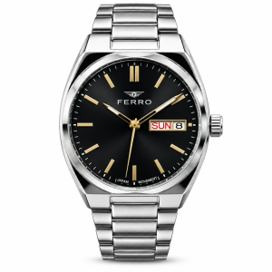 Ferro Black Dial Day-Date Watch with Gold-Tone Markers and Silver-Tone Metal Bracelet MS Department Store Oman