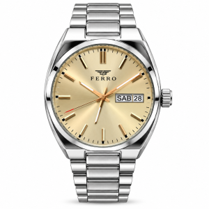 Ferro Champagne Dial Day-Date Watch with Silver-Tone Metal Bracelet MS Department Store Oman