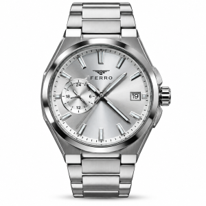 Ferro Silver Dial Watch with 24-Hour Subdial, Date Display and Silver-Tone Metal Bracelet MS Department Store Oman