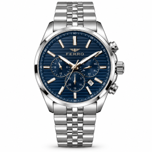 Ferro Men’s Blue Dial Multifunction Watch with Silver Stainless Steel Strap