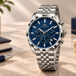 Ferro Men’s Blue Dial Multifunction Watch with Silver Stainless Steel Strap