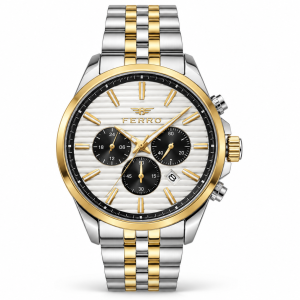Ferro Two-Tone Chronograph Watch with Textured White Dial, Black Subdials and Date Display MS Department Store Oman
