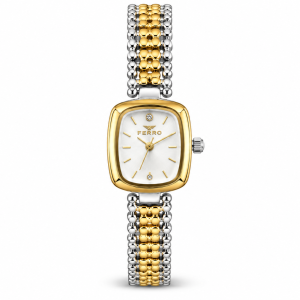 Ferro White Dial Rectangular Watch with Gold-Tone Case and Two-Tone Beaded Bracelet MS Department Store Oman