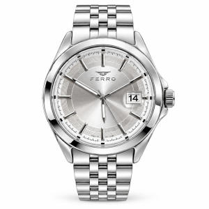 Ferro Silver Dial Watch with Date Display and Silver-Tone Metal Bracelet MS Department Store Oman