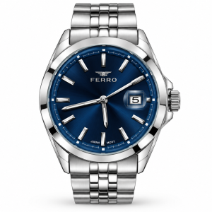 Ferro Blue Sunray Dial Watch with Date Display and Silver-Tone Metal Bracelet MS Department Store Oman
