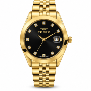 Ferro Black Dial Watch with Crystal Hour Markers, Date Display and Gold-Tone Metal Bracelet MS Department Store Oman