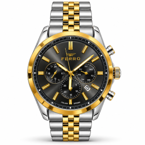 Ferro Two-Tone Multifunction Watch with Black Dial, Gold-Tone Bezel and Metal Bracelet MS Department Store Oman