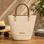 ANGEL POLO Cream Bucket Tote Bag with Brown Handles & Front Pocket