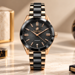 Women’S Black & Rose Gold Stainless Steel Wrist Watch