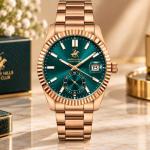 Beverly Hills Polo Club Men’S Rose Gold Stainless Steel Watch With Green Dial & Date Display