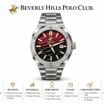 Beverly Hills Polo Club Men’S Stainless Steel Watch – Burgundy Gradient Textured Dial, Black Bezel & Date Display