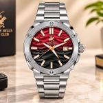 Beverly Hills Polo Club Men’S Stainless Steel Watch – Burgundy Gradient Textured Dial, Black Bezel & Date Display