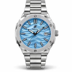 Beverly Hills Polo Club Men’S Stainless Steel Watch With Blue Wave Dial & Date Display