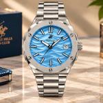 Beverly Hills Polo Club Men’S Stainless Steel Watch With Blue Wave Dial & Date Display