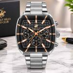 Beverly Hills Polo Club Men’S Green Dial Chronograph Watch With Silver Stainless Steel Strap