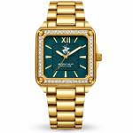 Beverly Hills Polo Club Women’S Gold-Tone Square Watch With Crystal Bezel & Green Dial
