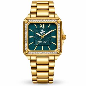 Beverly Hills Polo Club Women’S Gold-Tone Square Watch With Crystal Bezel & Green Dial